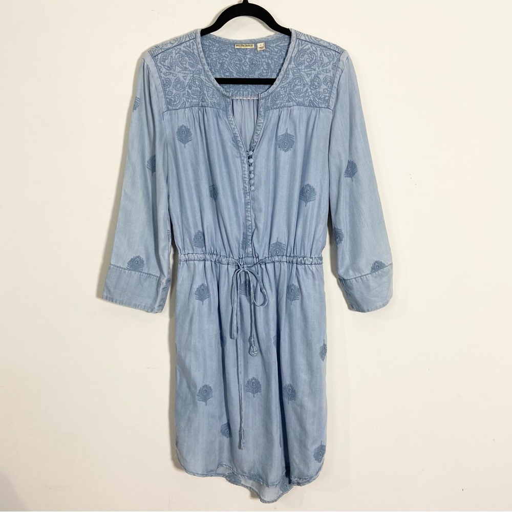 Holding Horses Anthropologie Riley Chambray Denim Embroidered Feather Dress